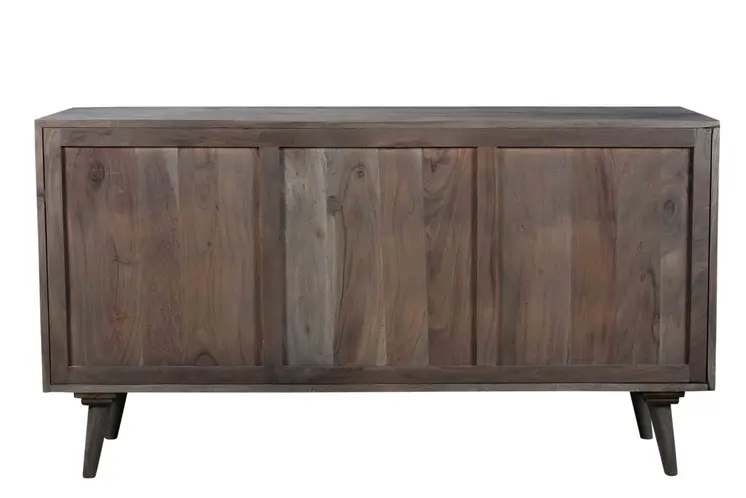 55" Dark Gray Carved Geometric Distressed Solid Wood Enclosed and Open Storage TV Stand