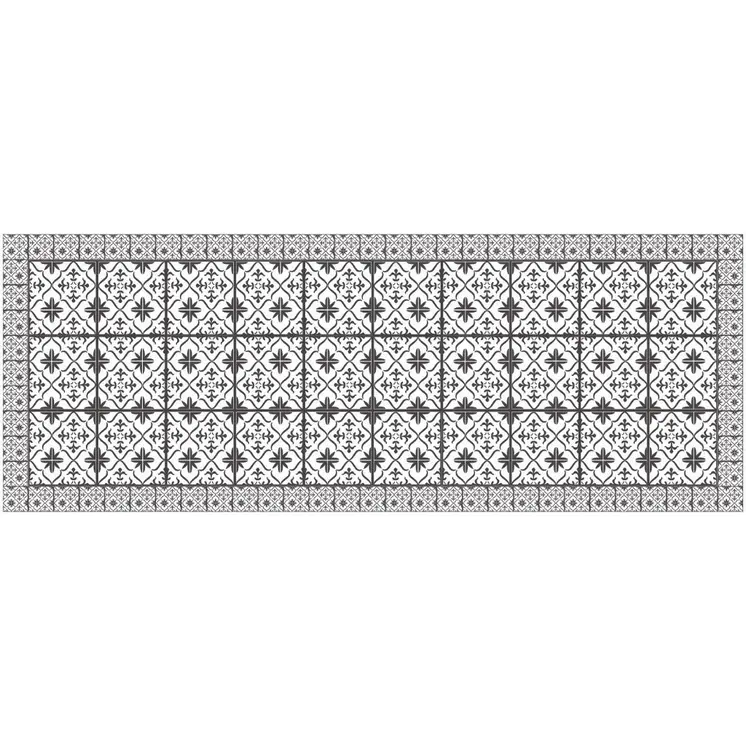 2' X 5' Dark Gray And White Tile Printed Vinyl Area Rug with UV Protection