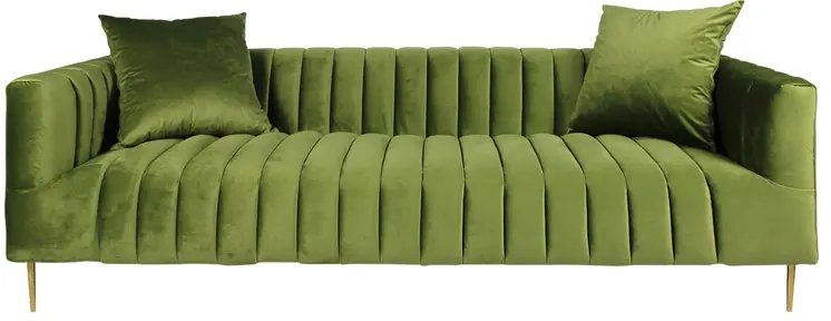 90" Olive Green Velvet Sofa And Toss Pillows With Gold Legs