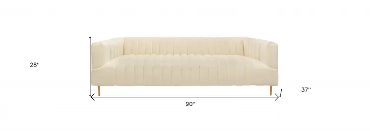 90" Ivory Velvet Sofa And Toss Pillows With Gold Legs