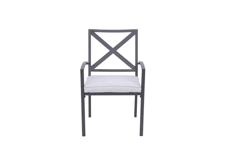 Set of Two Dark Gray Aluminum Outdoor Stacking Dining Chairs with Light Gray Cushion