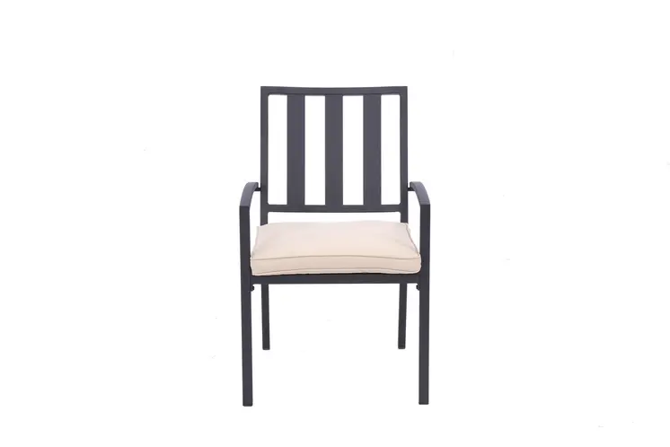 Set of Two Dark Gray Aluminum Outdoor Stacking Dining Chairs with Beige Cushion