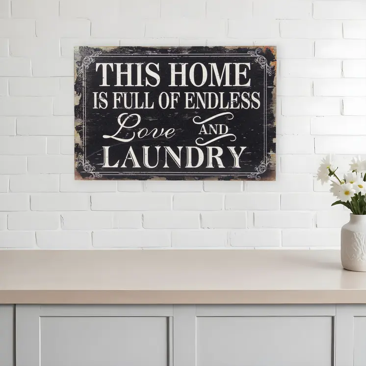 16" X 24" Black and White Endless Love And Laundry Wood Wall Decor