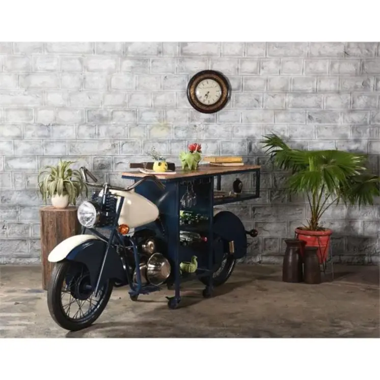 Blue and White Metal And Solid Wood Rolling Bar Cart With Wine Storage