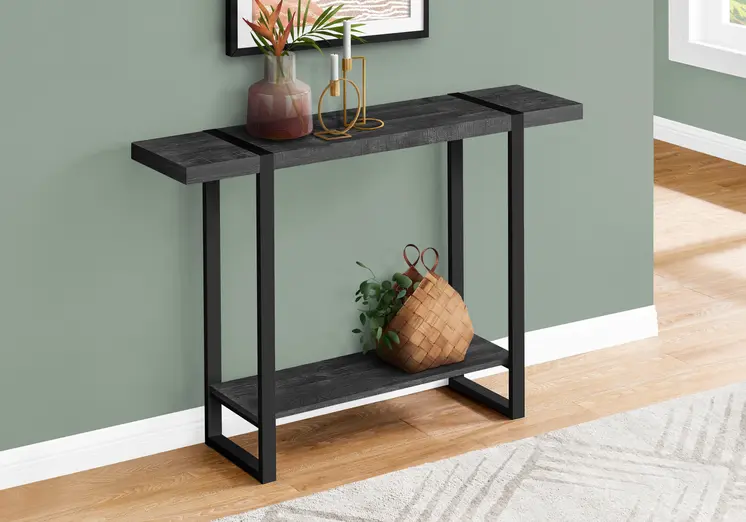 47" Black Wood and Metal Distressed Sled Console Table With Shelf