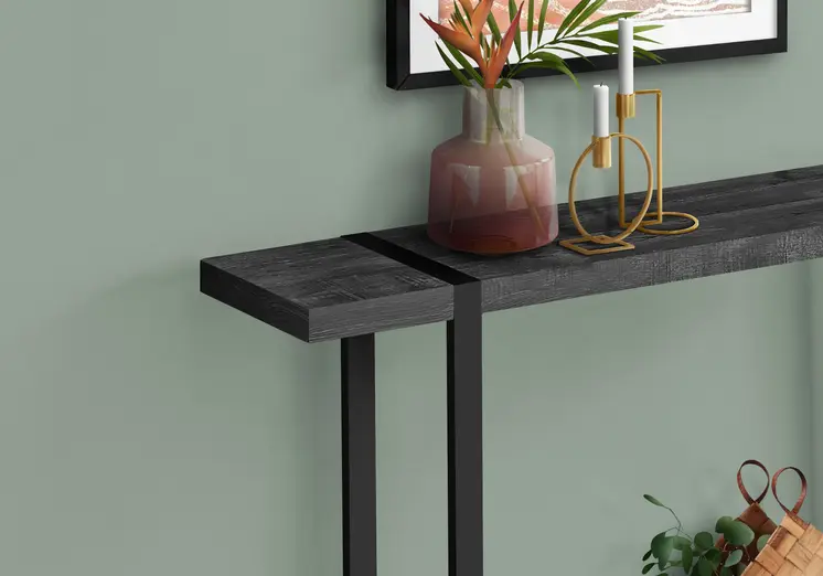 47" Black Wood and Metal Distressed Sled Console Table With Shelf