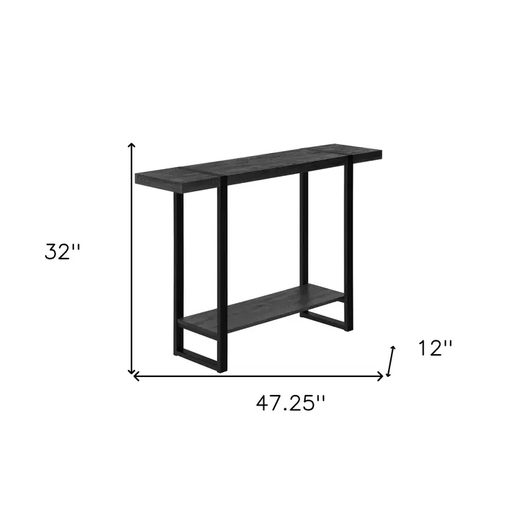 47" Black Wood and Metal Distressed Sled Console Table With Shelf