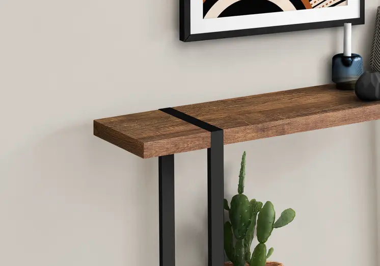 47" Brown and Black Wood and Metal Distressed Sled Console Table With Shelf