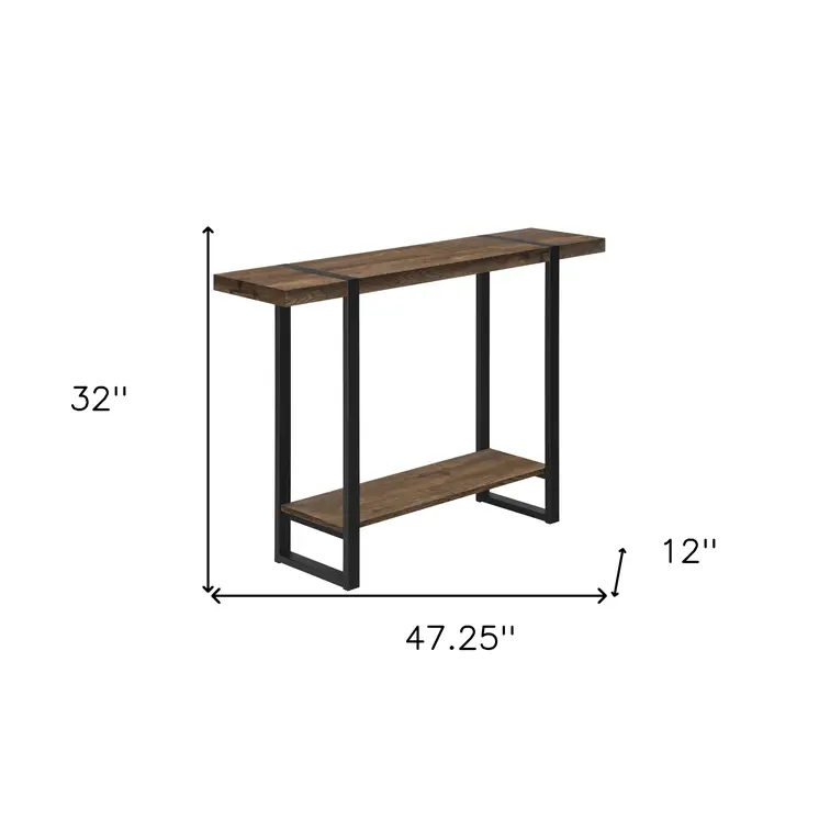 47" Brown and Black Wood and Metal Distressed Sled Console Table With Shelf