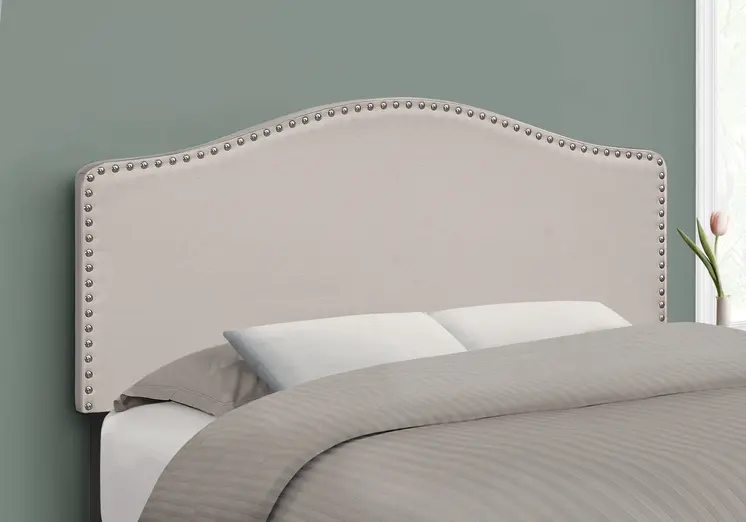 Beige Linen Blend Upholstered Arched Full Headboard With Nail Head Trim