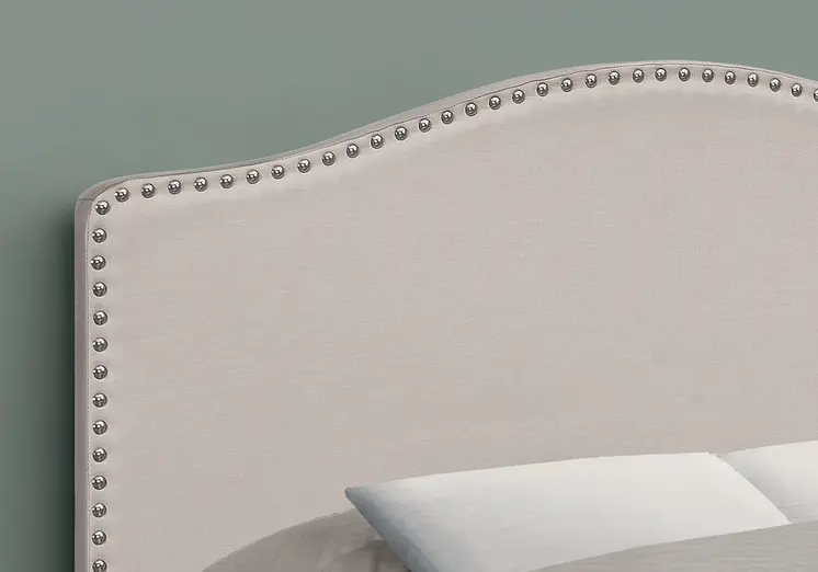 Beige Linen Blend Upholstered Arched Full Headboard With Nail Head Trim