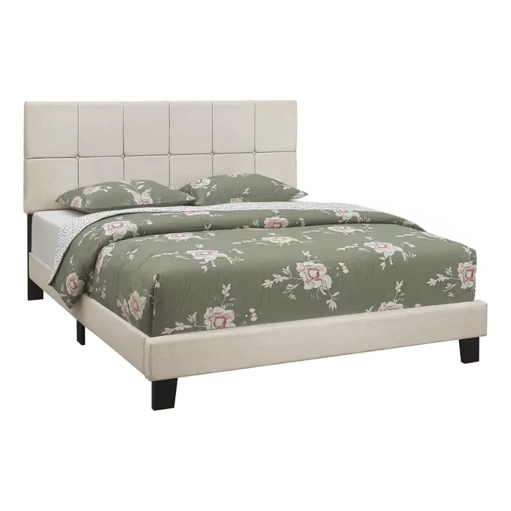 Beige Tufted Linen Queen Bed Frame