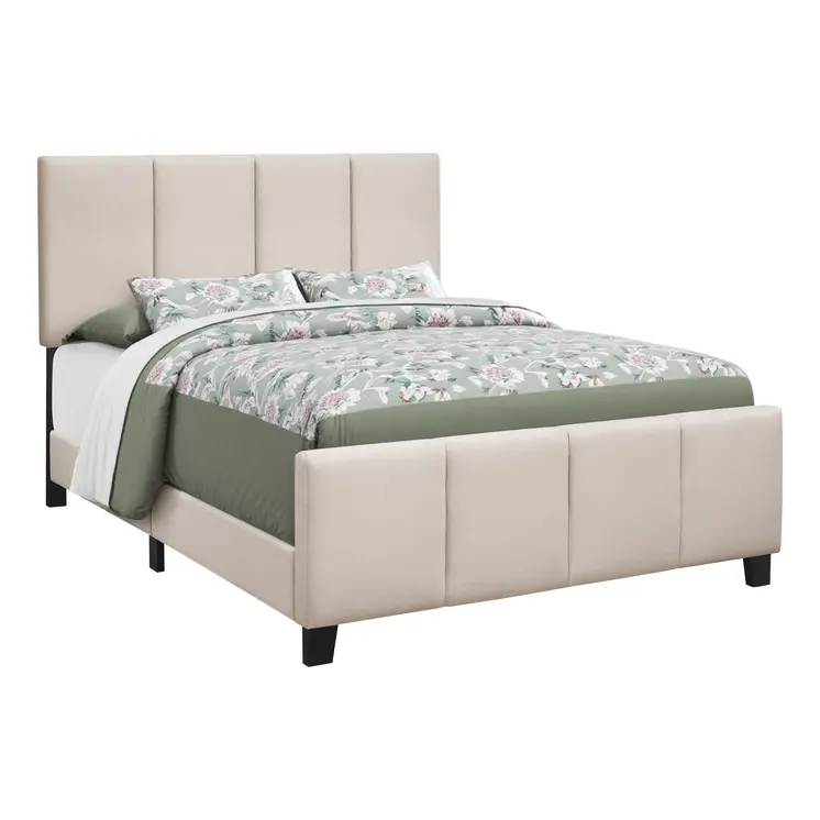 Beige and Black Tufted Linen Queen Bed Frame
