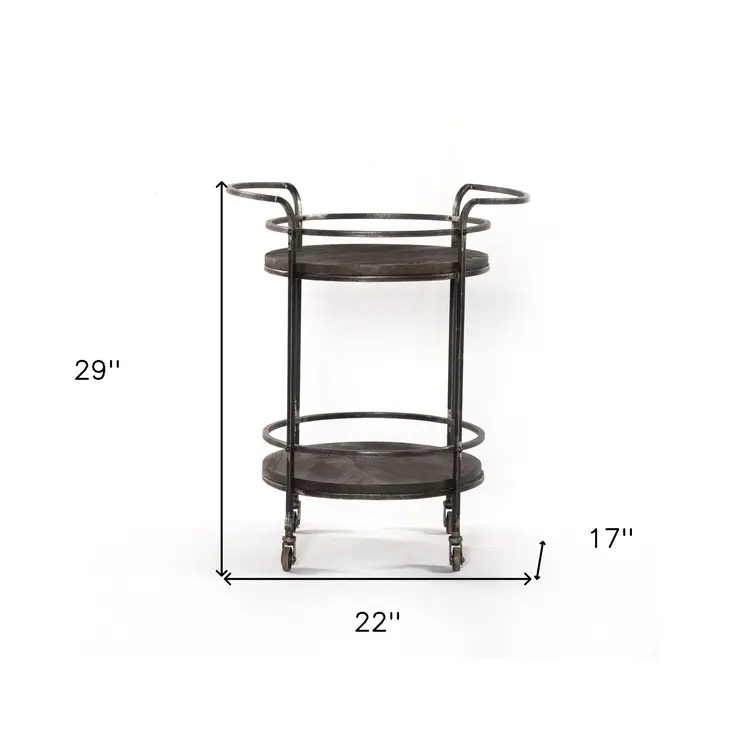 Dark Gray Iron And Solid Wood Round Rolling Bar Cart