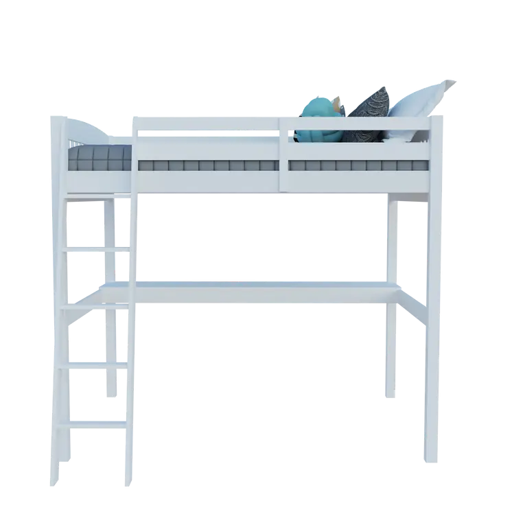 White Solid Wood Full Double Size Loft Bed with Desk and Storage