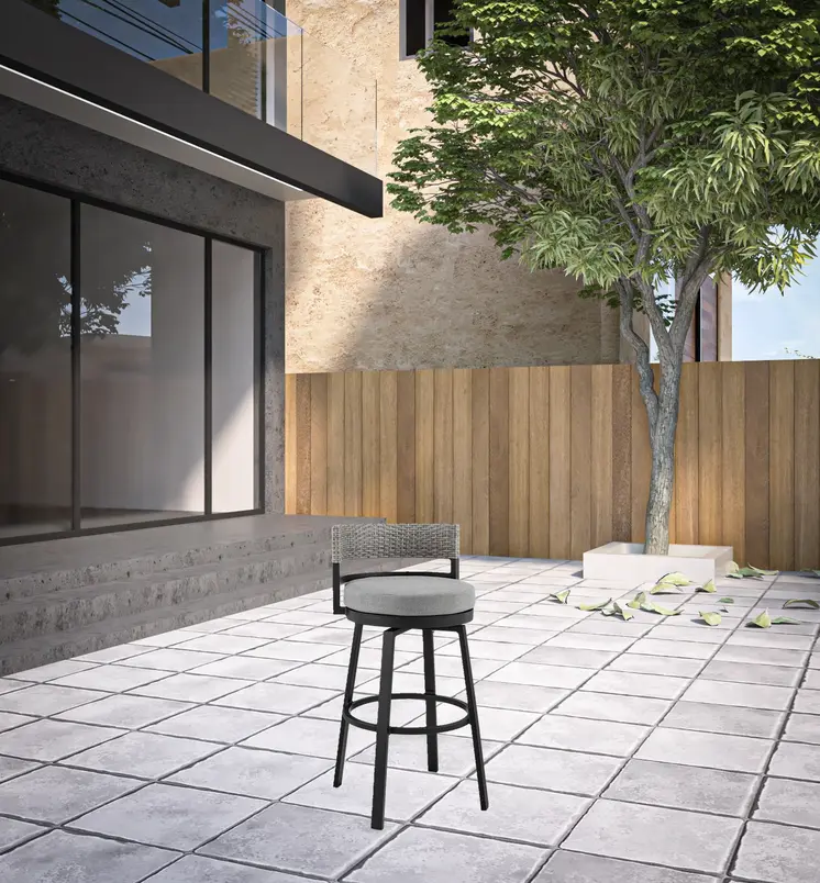 33" Light Gray Metal Swivel Low back Outdoor Bar Height chair with Footrest