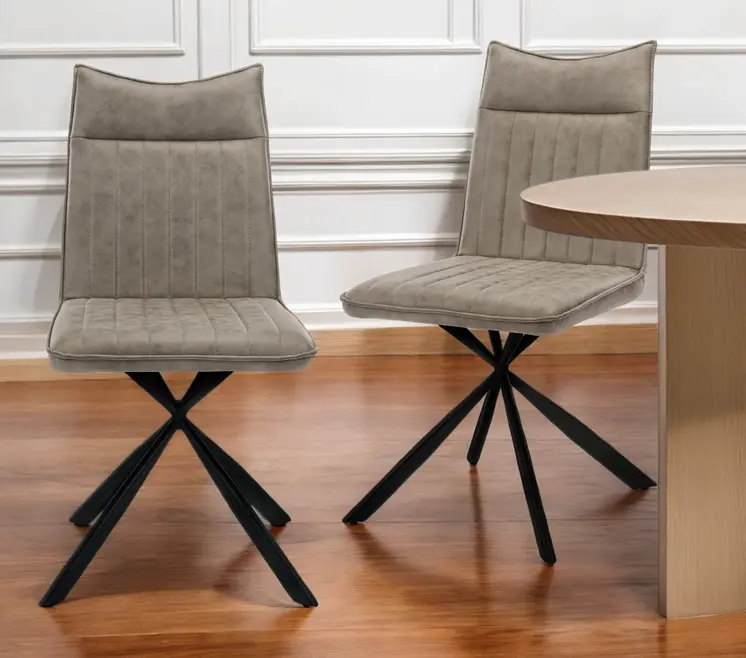 Set of Two Tufted Taupe And Black Upholstered Faux Leather Dining Parsons Chairs