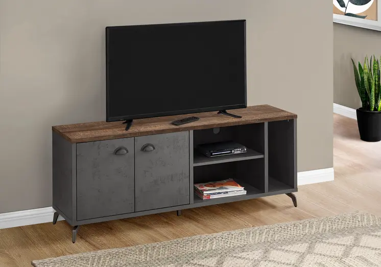 60" Brown And Gray Distressed Reclaimed Wood Enclosed and Open Storage TV Stand