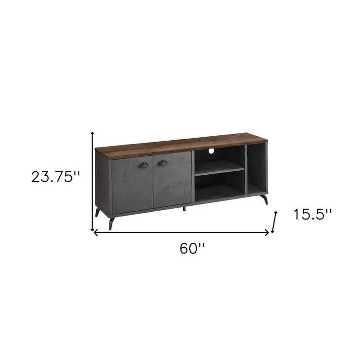 60" Brown And Gray Distressed Reclaimed Wood Enclosed and Open Storage TV Stand