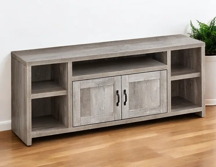 59" Taupe Distressed Wood Enclosed and Open Storage TV Stand