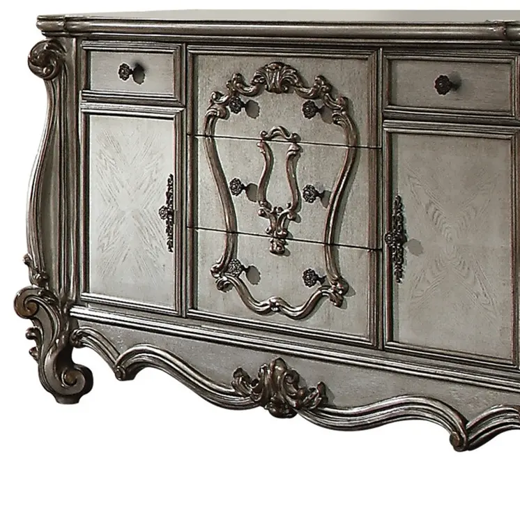 70" Platinum Carved Scrollwork Wood And Polyresin Five Drawer Triple Dresser