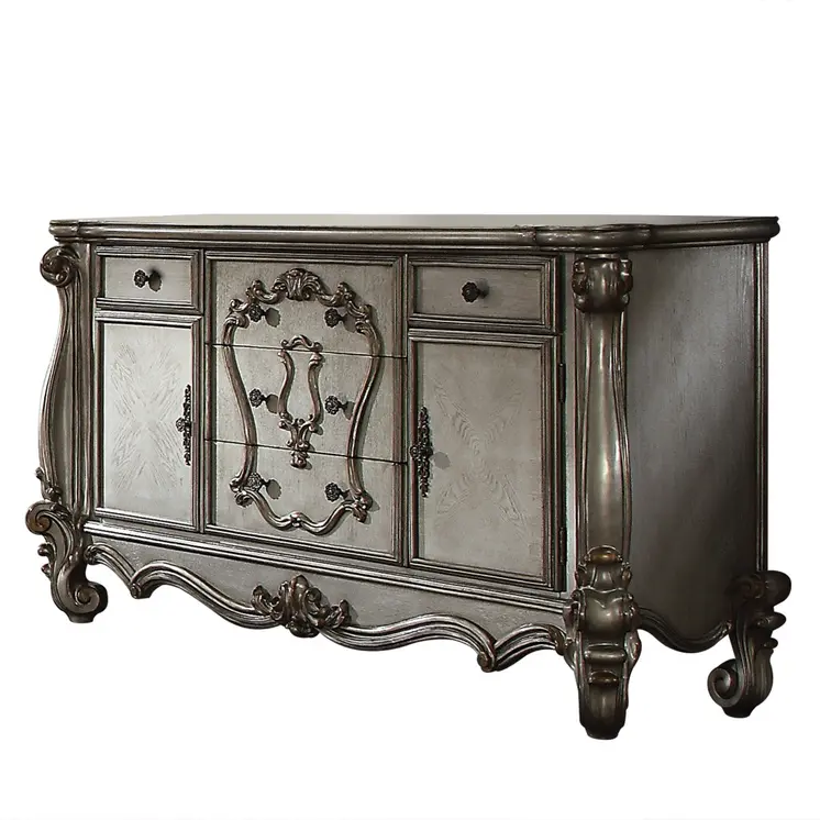 70" Platinum Carved Scrollwork Wood And Polyresin Five Drawer Triple Dresser