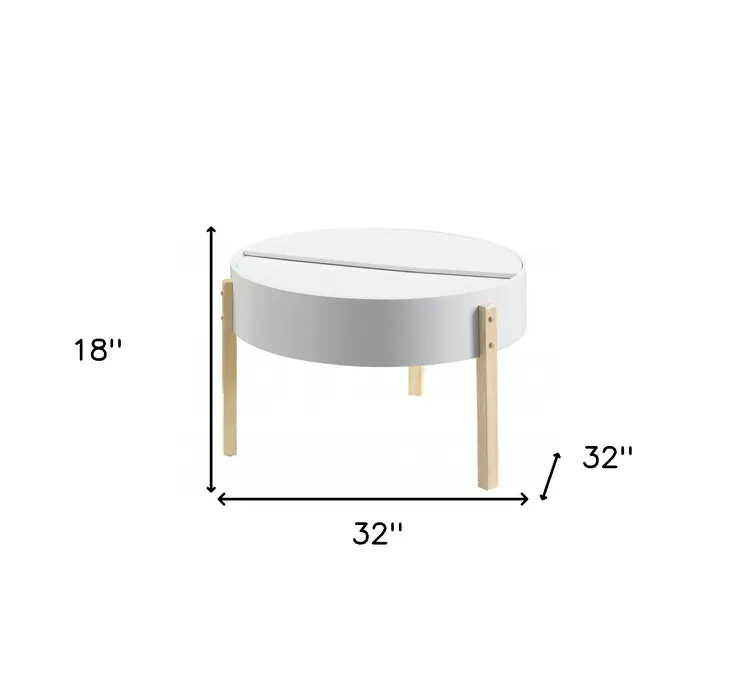 32" White and Natural Wood And Solid Wood Round Coffee Table
