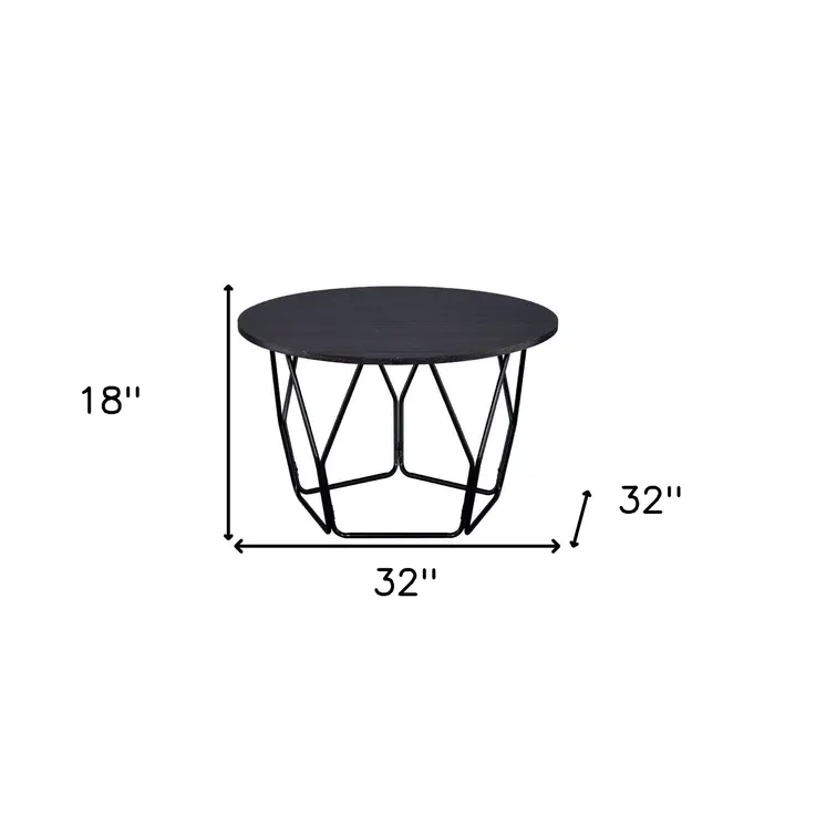 32" Espresso and Black Metal Round Abstract Coffee Table