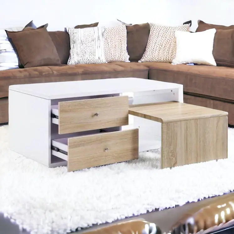 47" White and Natural Wood Frame Coffee Table With Two Drawers