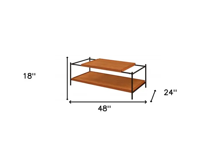 48" Brown and Black Metal Coffee Table With Shelf