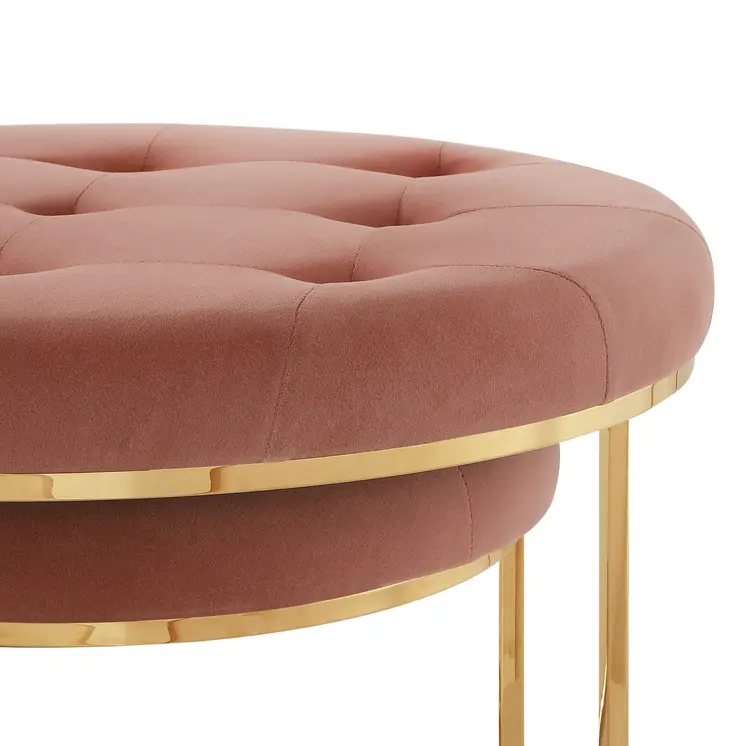 Set of Two Blush Velvet and Gold Tufted Round Ottoman