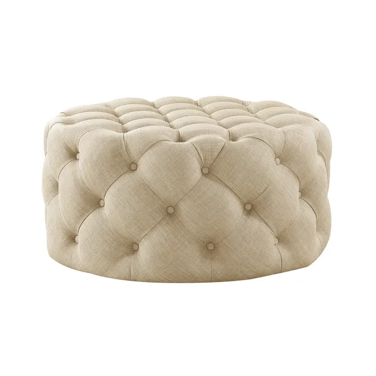 33" Beige Linen  Rolling Tufted Round Cocktail Ottoman