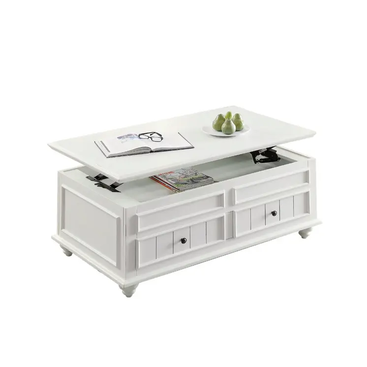 48" White Wood Lift Top Solid Coffee Table With Two Drawers