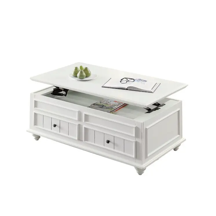 48" White Wood Lift Top Solid Coffee Table With Two Drawers