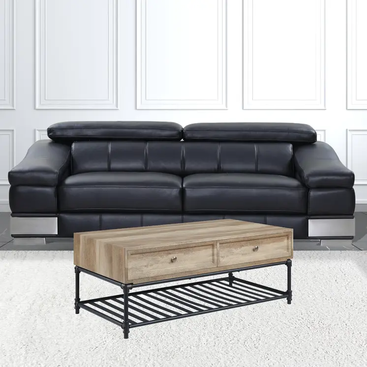 47" Oak and Brown Metal Coffee Table With Two Drawers And Shelf