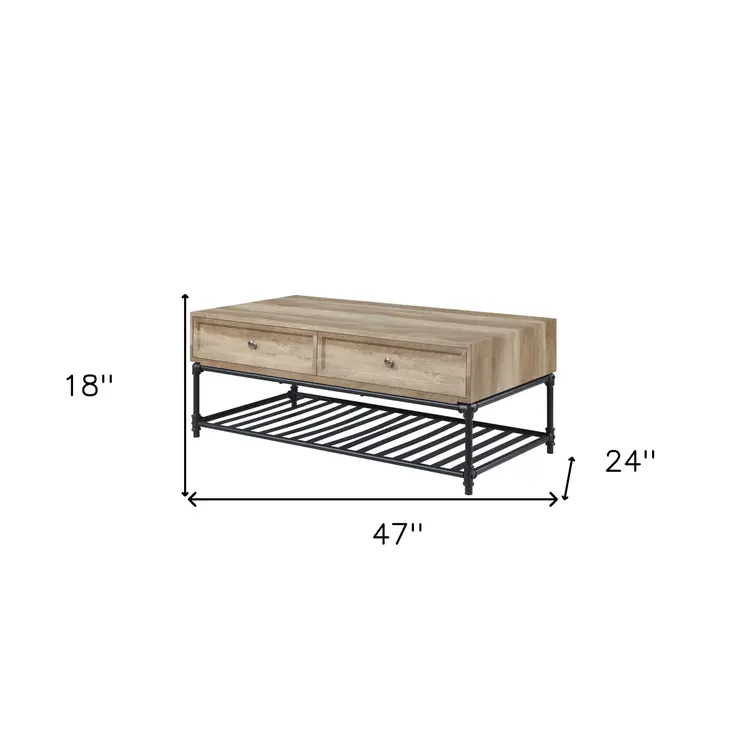 47" Oak and Brown Metal Coffee Table With Two Drawers And Shelf