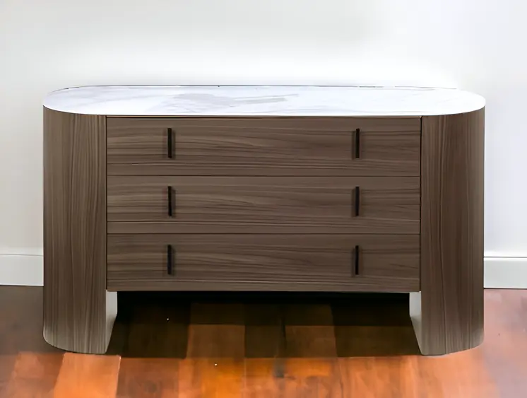 55" Walnut Marble Solid And Manufactured Wood Three Drawer Dresser
