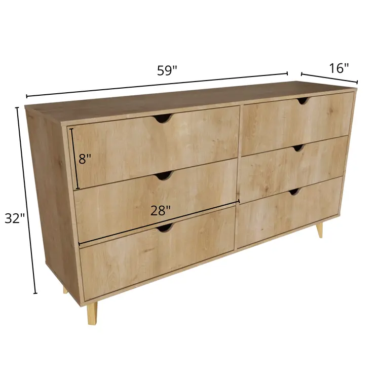 59" Natural Six Drawer Double Dresser