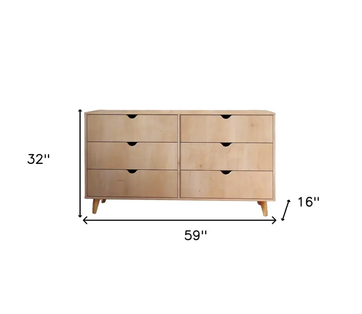 59" Natural Six Drawer Double Dresser