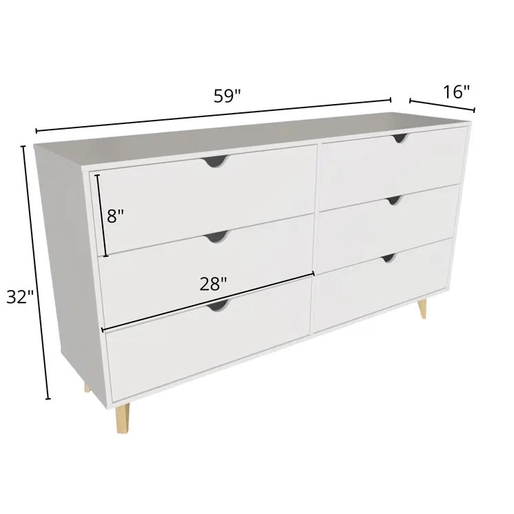 59" White Scoop Handle Six Drawer Double Dresser