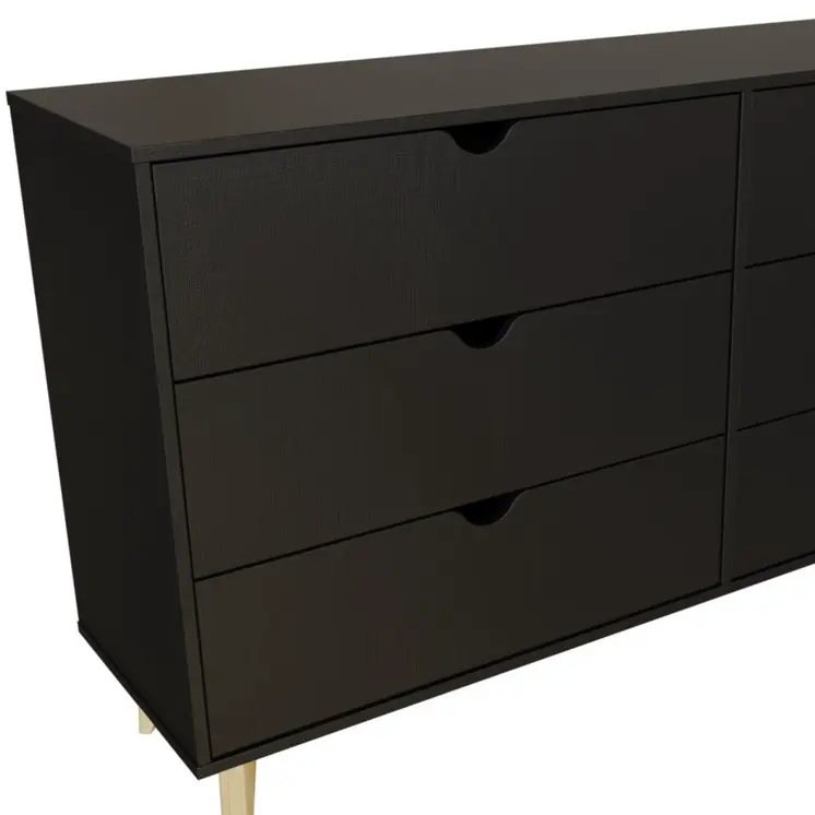 59" Black Scoop Handle Six Drawer Double Dresser