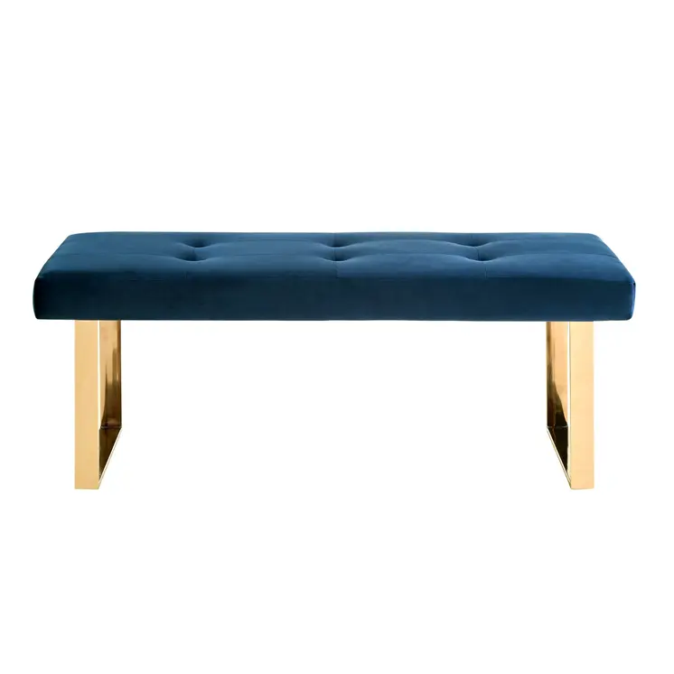 48" Navy Blue And Gold Upholstered Velvet Bench