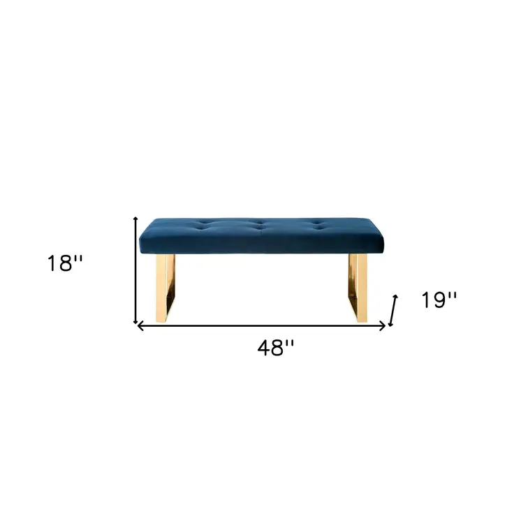 48" Navy Blue And Gold Upholstered Velvet Bench