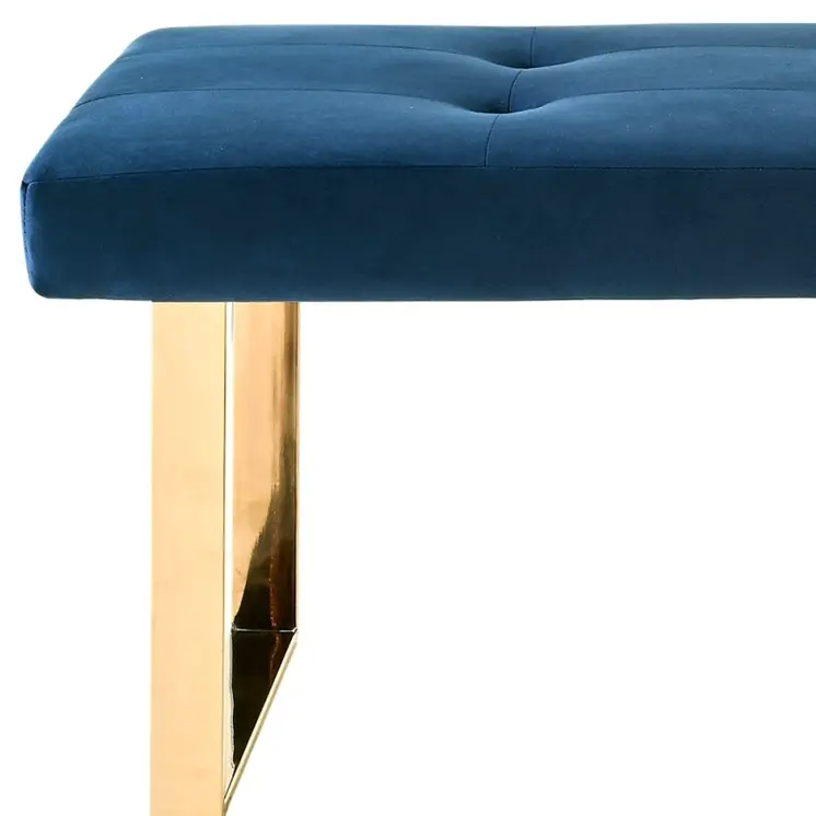 48" Navy Blue And Gold Upholstered Velvet Bench