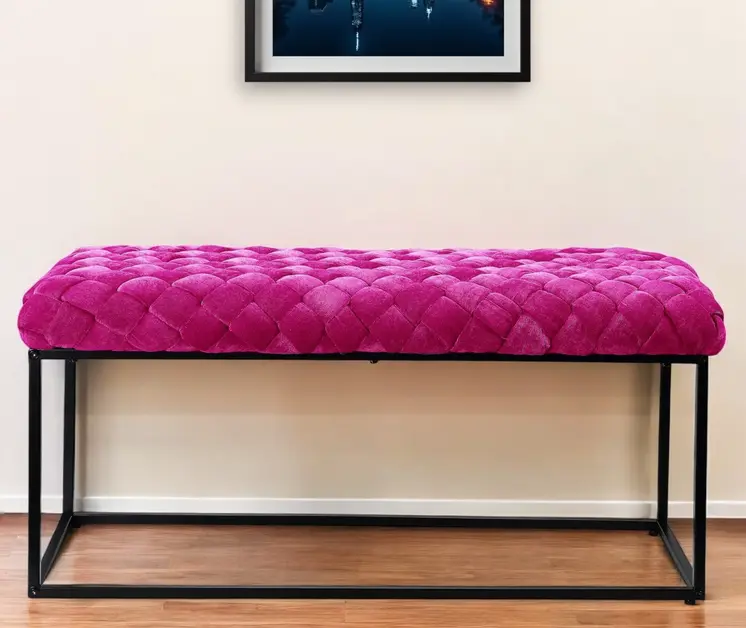 39" Fuchsia and Black Velvet Upholstered Bench