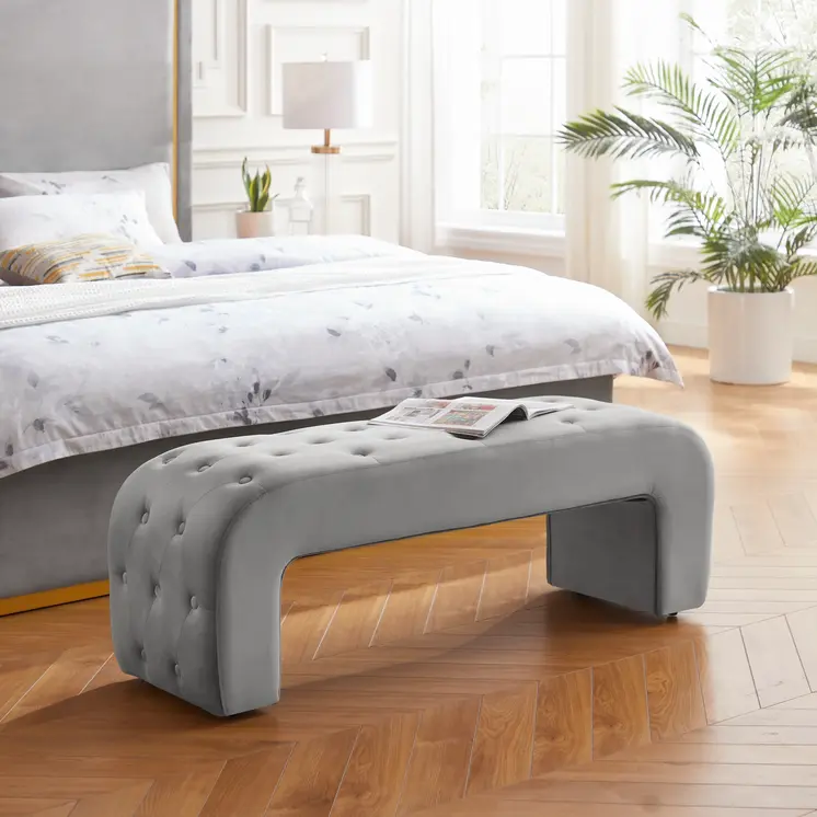 52" Gray Upholstered Velvet Bench