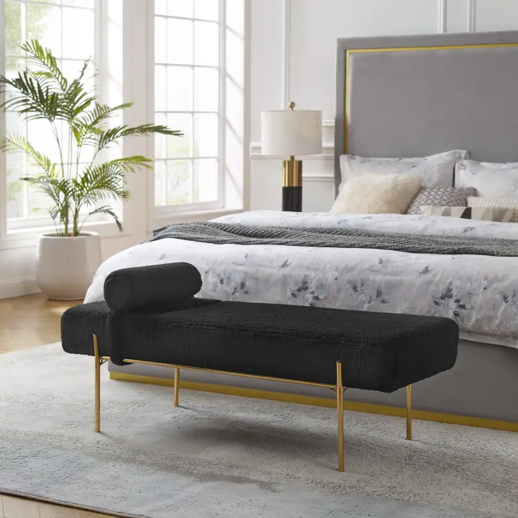 56" Black and Gold Sherpa Upholstered Bench