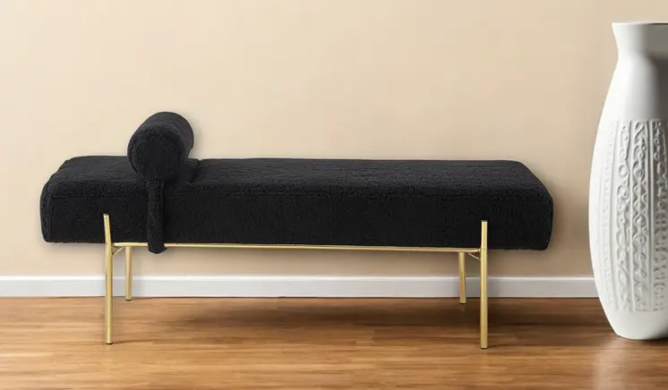 56" Black and Gold Sherpa Upholstered Bench