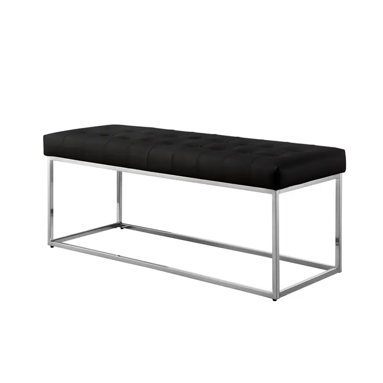 48" Black and Silver Upholstered Faux Leather Bench