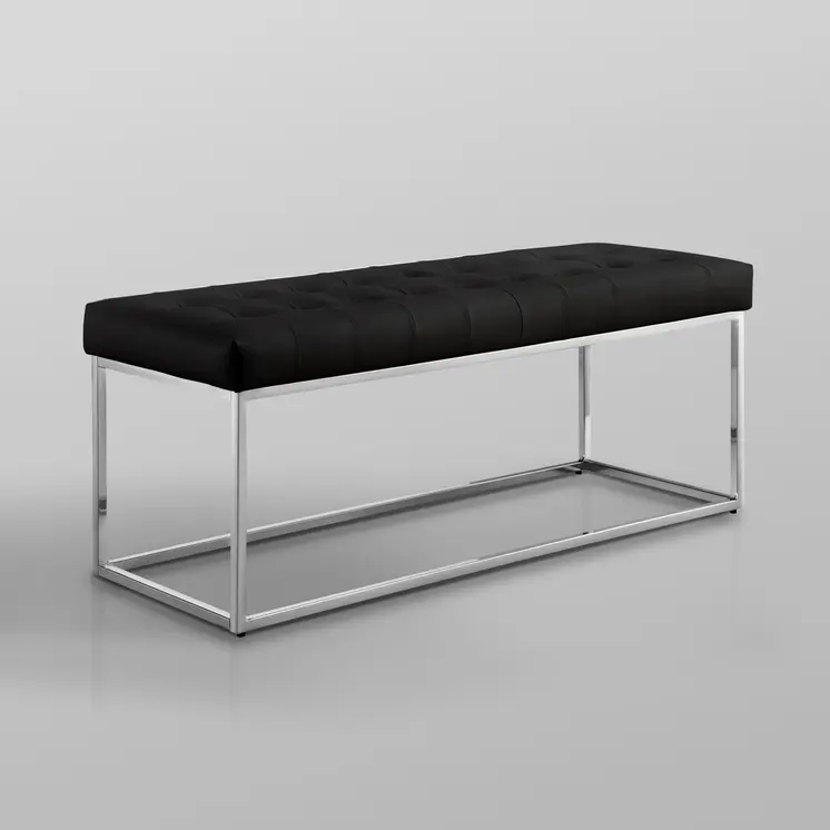 48" Black and Silver Upholstered Faux Leather Bench